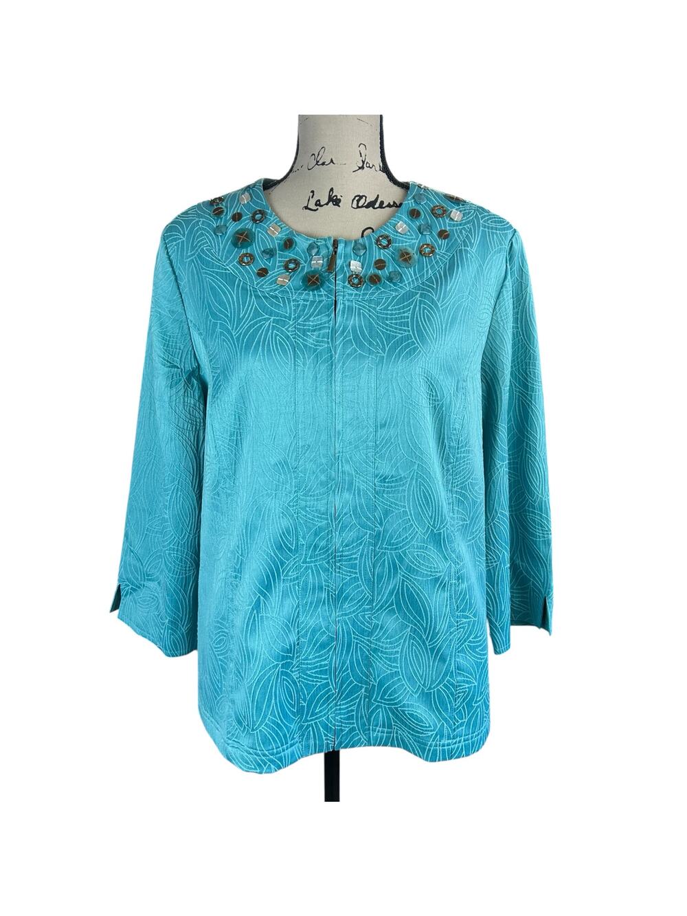 Alfred Dunner Full Zip Jacket Women Size 16 Aqua Blue Beaded Embellished Coastal
